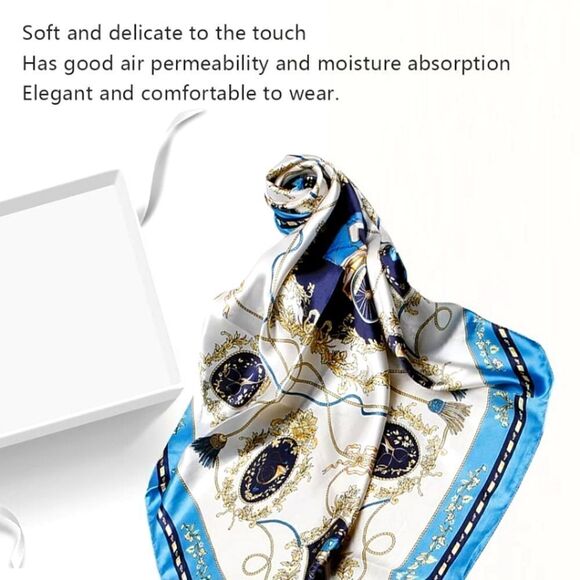 Women's Fashion Red or Blue Print Square Scarf Soft Satin Silky Shawl Scarves - Picture 4 of 10